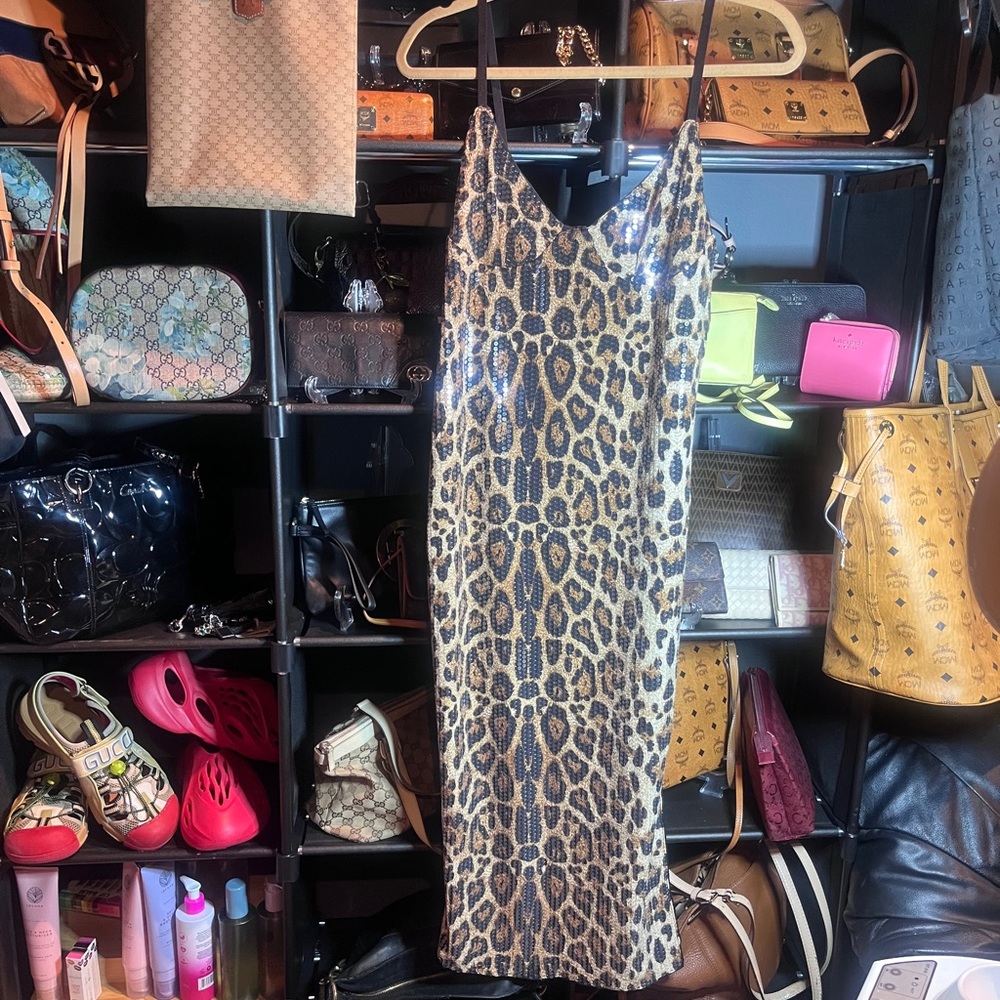 Leopard Print Sequin Dress Maxi with side split